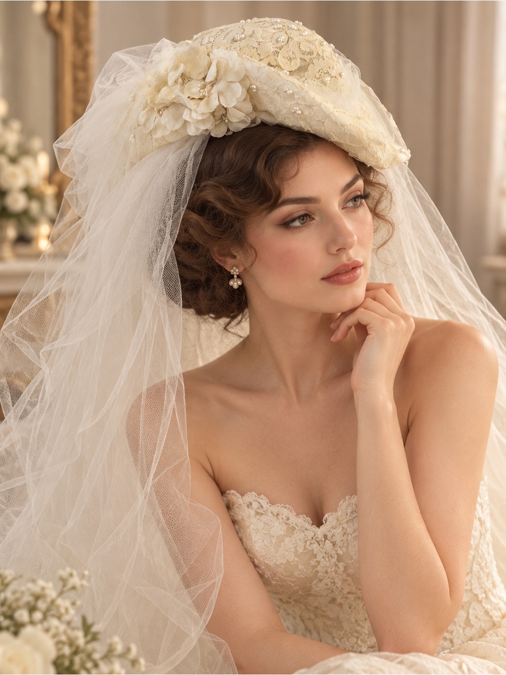 Vintage Ivory Floral Embellished Bridal Veil Hat